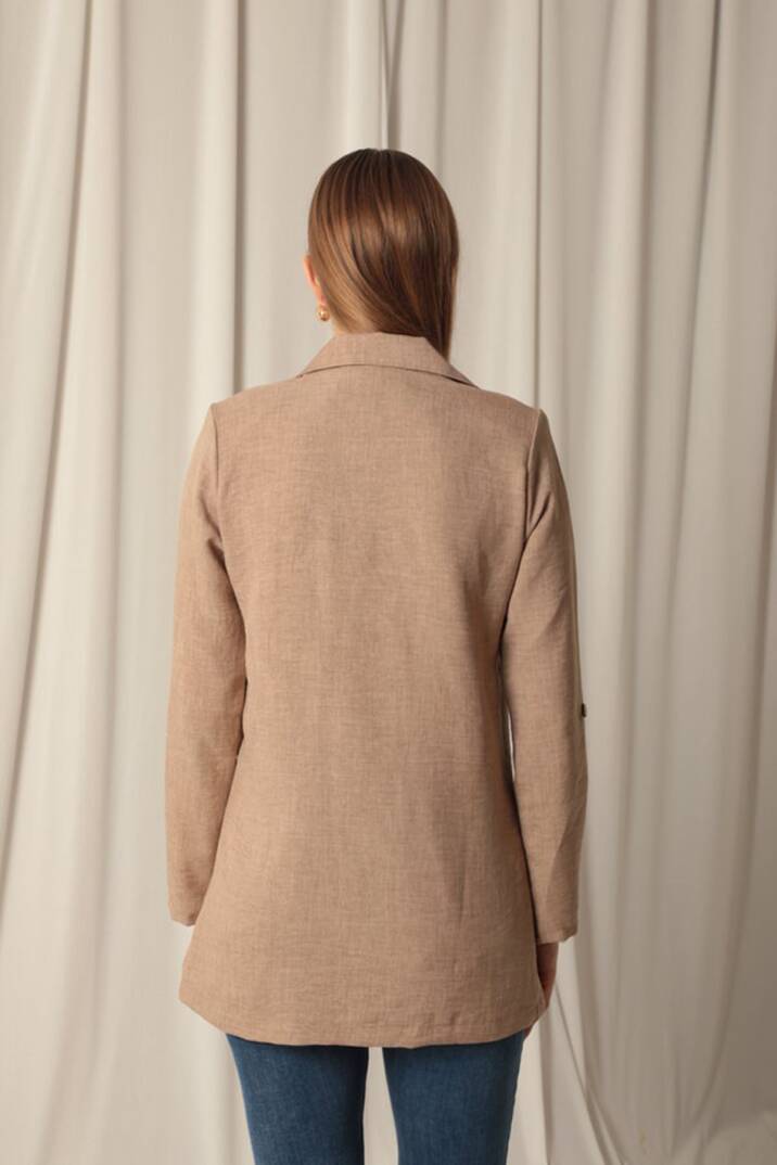 Melanj Keten Kumaş Kadın Taba Ceket - 5