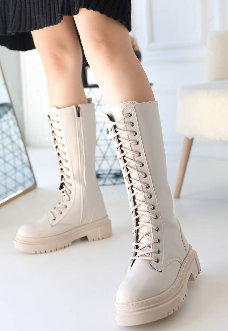 Mennd Bej Cilt Bağcıklı Çizme - 1