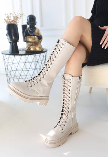 Mennd Bej Cilt Bağcıklı Çizme - 3