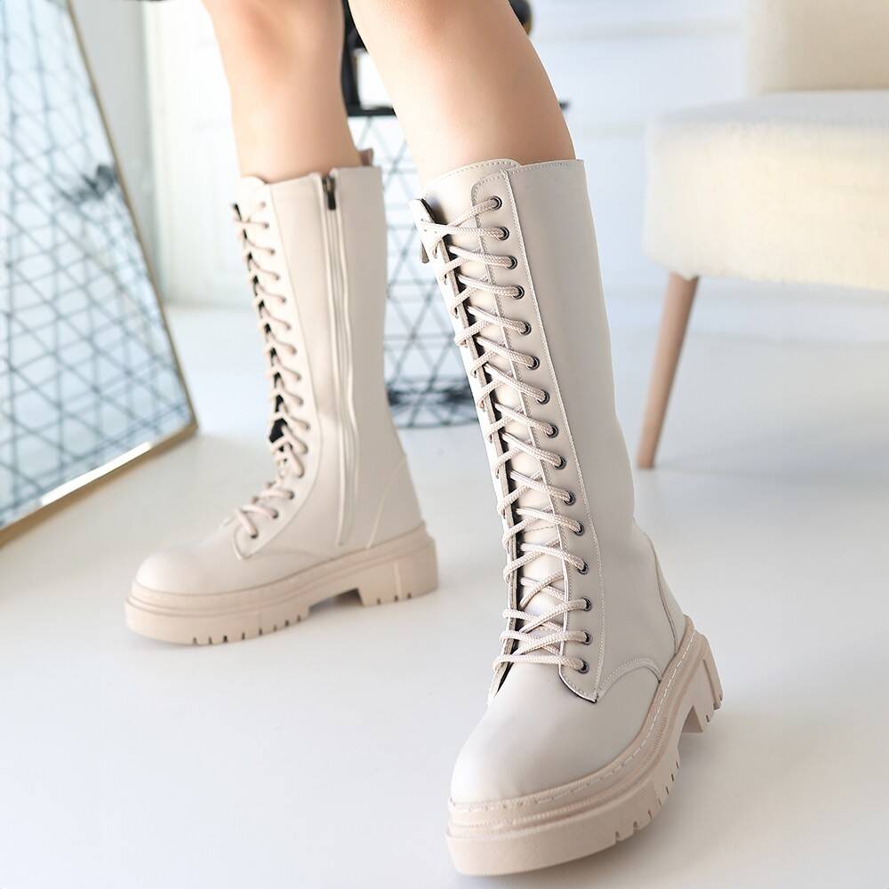 Mennd Bej Cilt Bağcıklı Çizme - 4