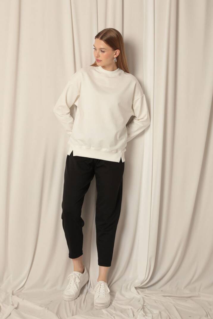 Modal Kumaş Çimalı Bol Paça Siyah Pantolon - 1