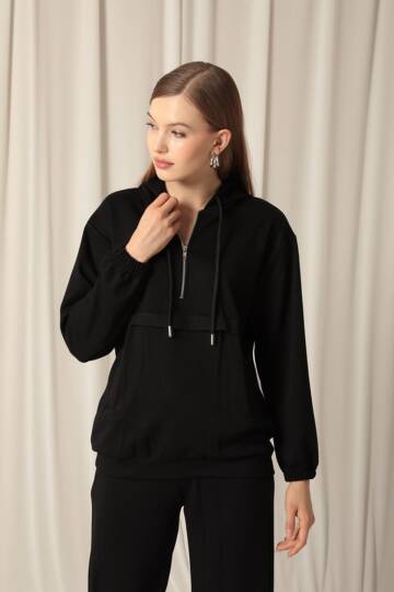 Modal Kumaş Fermuarlı Kadın Siyah Sweatli Takım - 2