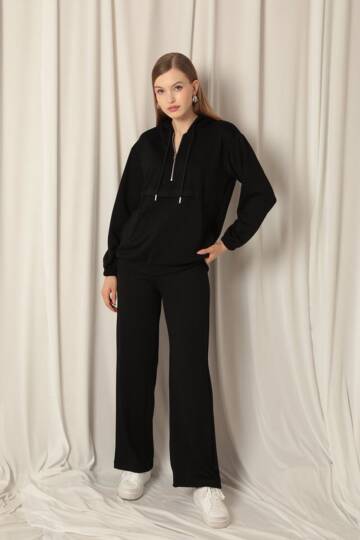 Modal Kumaş Fermuarlı Kadın Siyah Sweatli Takım - 3
