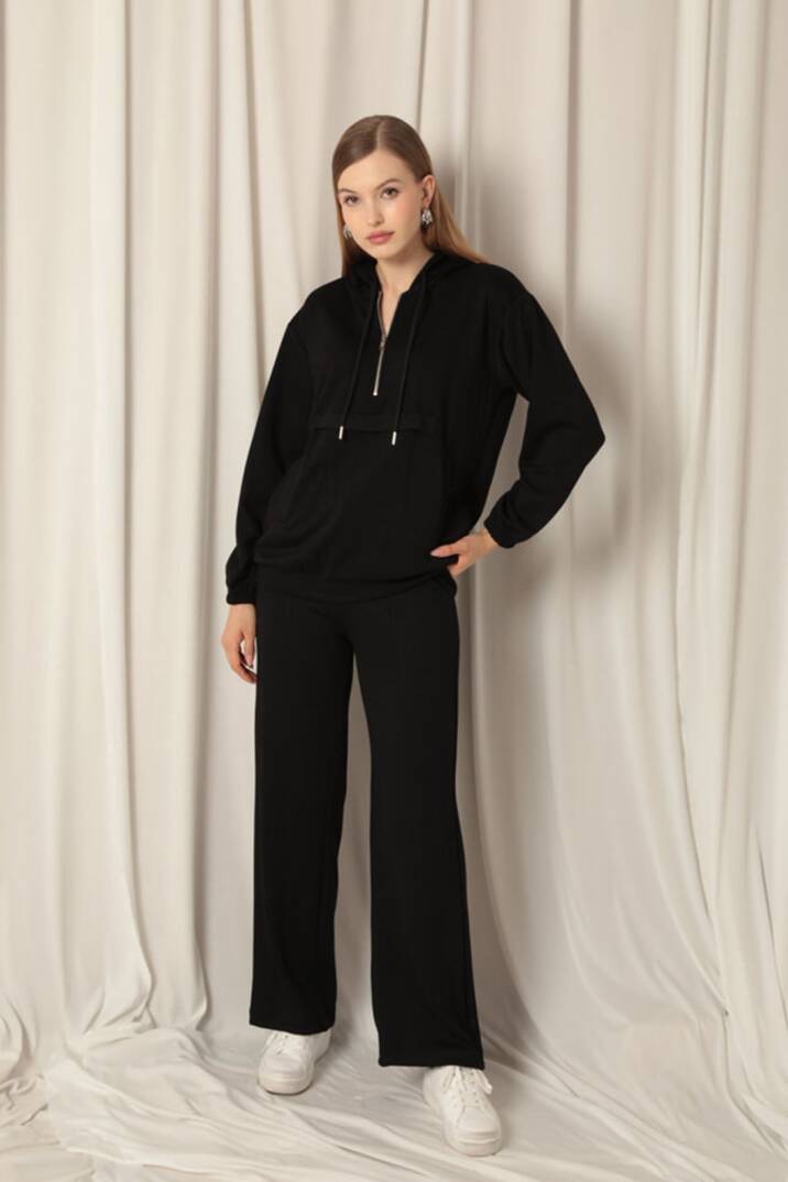 Modal Kumaş Fermuarlı Kadın Siyah Sweatli Takım - 3