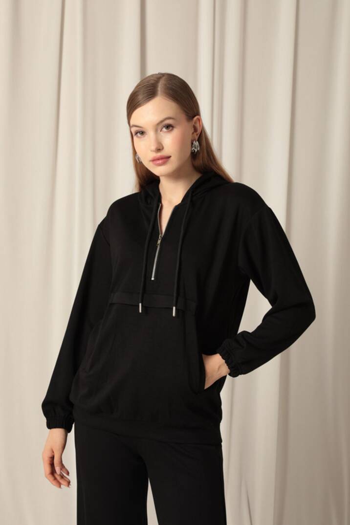 Modal Kumaş Fermuarlı Kadın Siyah Sweatli Takım - 4