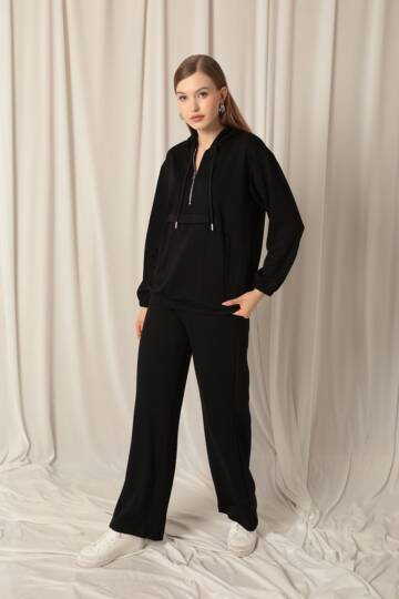 Modal Kumaş Fermuarlı Kadın Siyah Sweatli Takım - 5