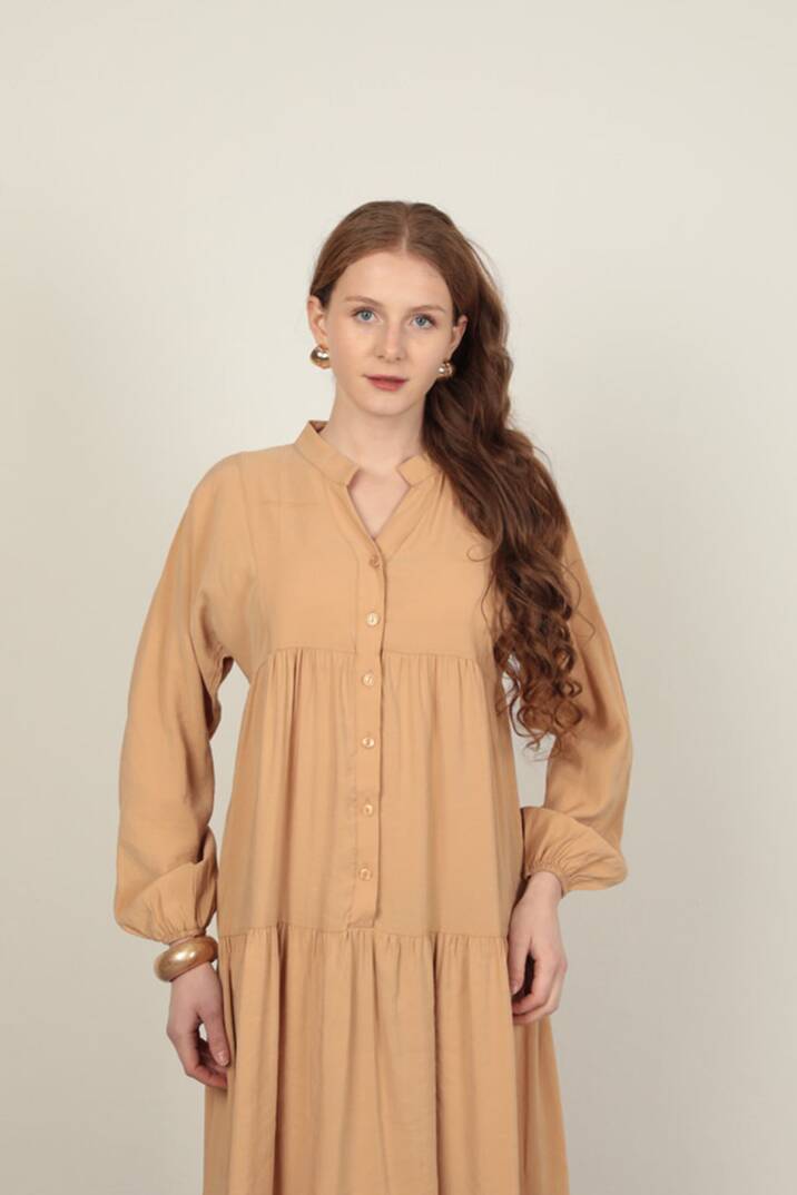 Modal Kumaş Kolu Lastikli Bej Elbise - 3