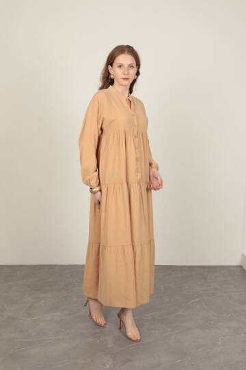 Modal Kumaş Kolu Lastikli Bej Elbise - 4