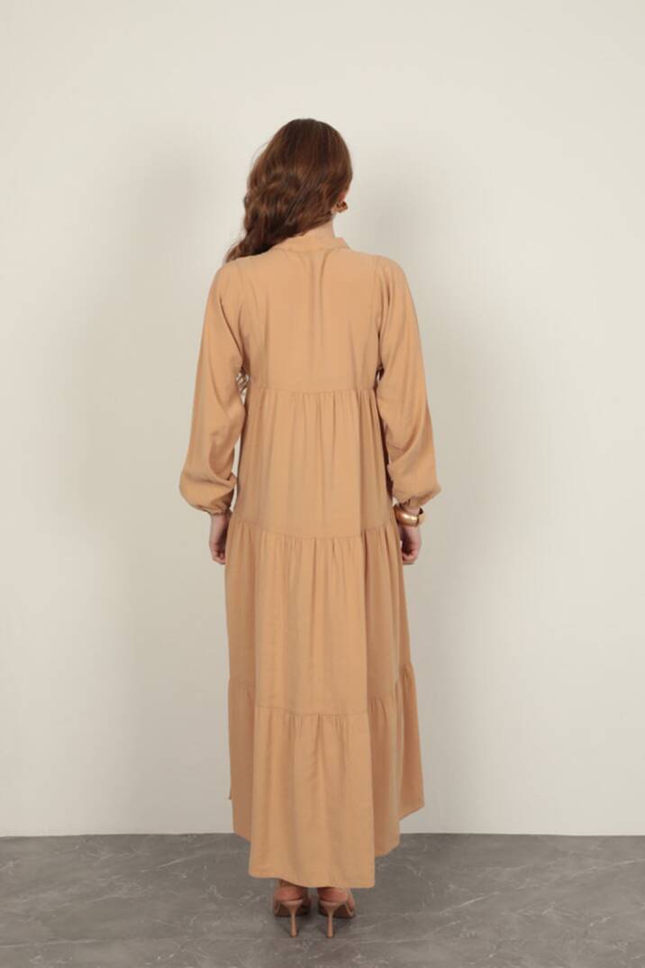 Modal Kumaş Kolu Lastikli Bej Elbise - 5