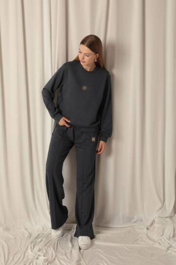 Modal Kumaş Metal Aksesuarlı Kadın Antrasit Takım - 3