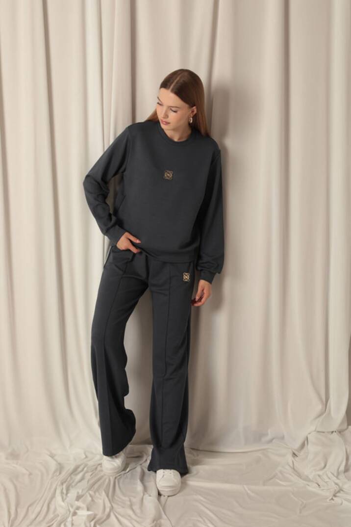 Modal Kumaş Metal Aksesuarlı Kadın Antrasit Takım - 3