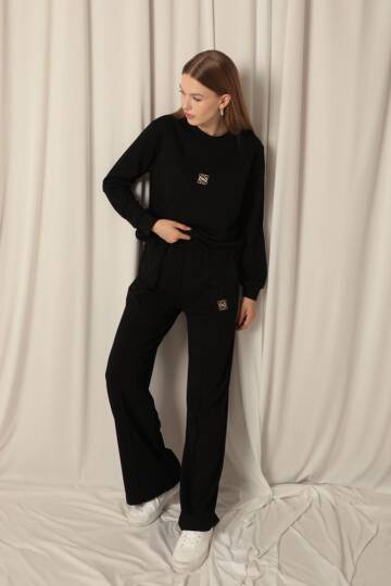 Modal Kumaş Metal Aksesuarlı Kadın Siyah Takım - 5