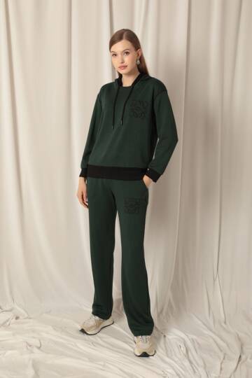 Modal Kumaş Nakışlı Garnili Kadın Zümrüt Yeşil Takım - 2