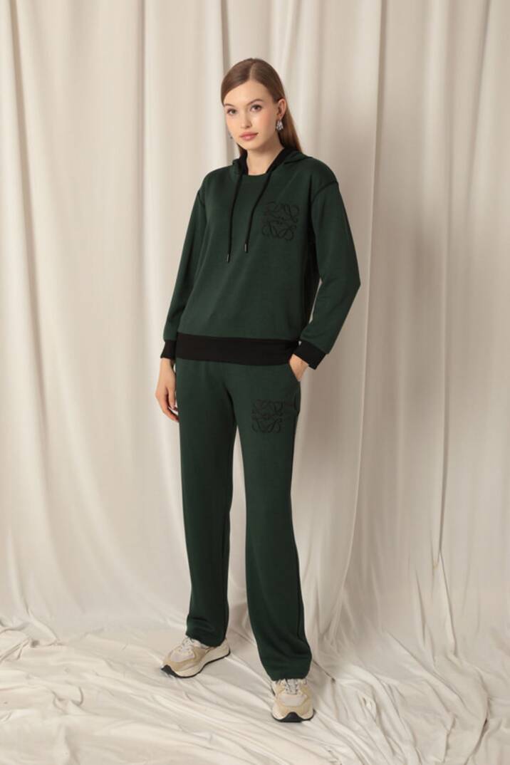 Modal Kumaş Nakışlı Garnili Kadın Zümrüt Yeşil Takım - 2