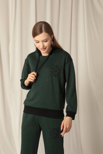 Modal Kumaş Nakışlı Garnili Kadın Zümrüt Yeşil Takım - 4