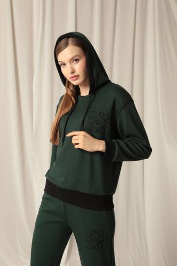 Modal Kumaş Nakışlı Garnili Kadın Zümrüt Yeşil Takım - 5