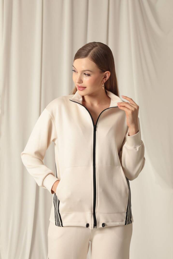 Modal Kumaş Şeritli Kadın Bej Takım - 2