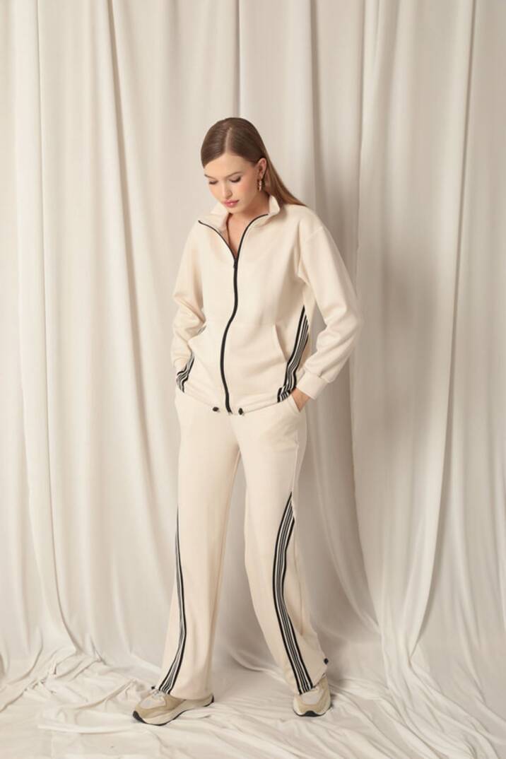 Modal Kumaş Şeritli Kadın Bej Takım - 3