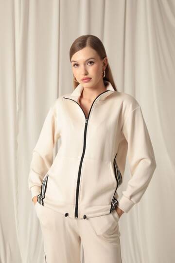 Modal Kumaş Şeritli Kadın Bej Takım - 5