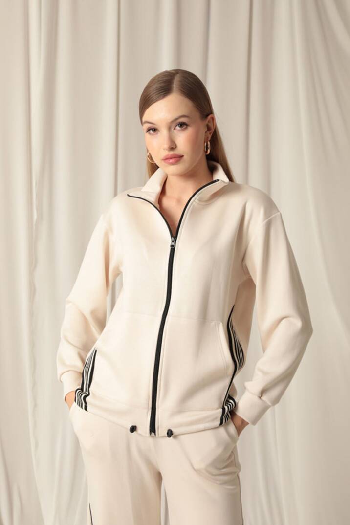 Modal Kumaş Şeritli Kadın Bej Takım - 5