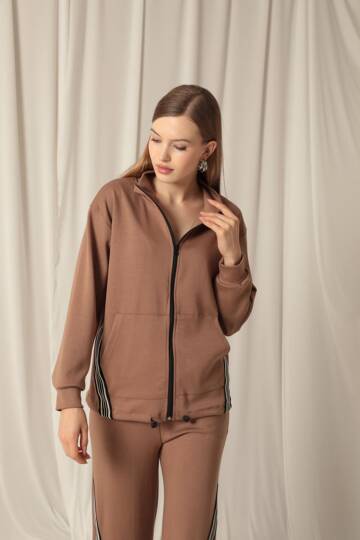 Modal Kumaş Şeritli Kadın Kahve Takım - 3