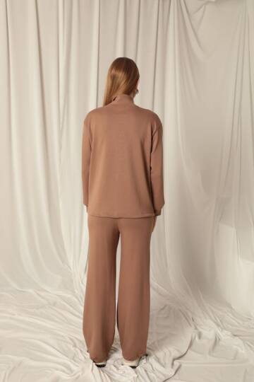 Modal Kumaş Şeritli Kadın Kahve Takım - 5