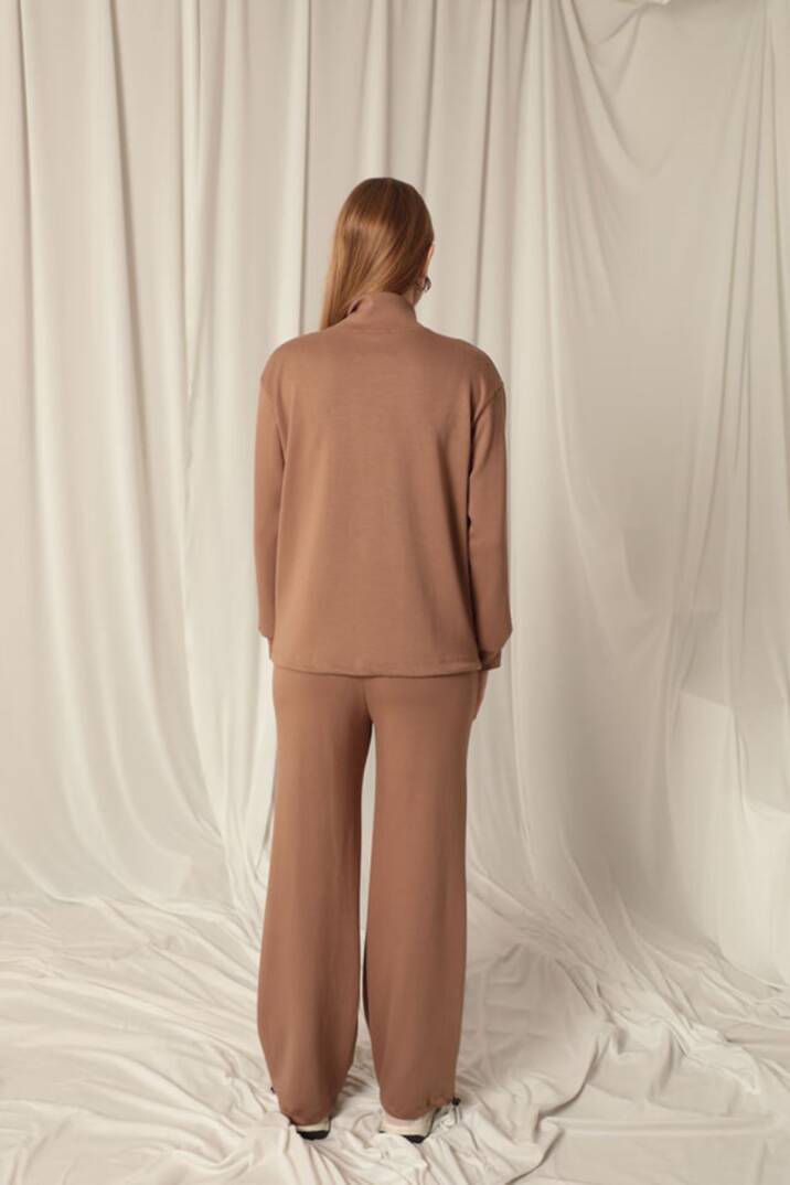 Modal Kumaş Şeritli Kadın Kahve Takım - 5