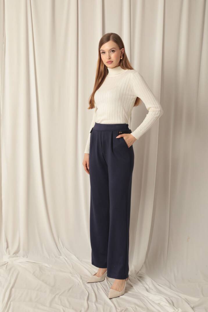 Modal Kumaş Yanları Düğmeli Kadın Lacivert Pantolon - 3