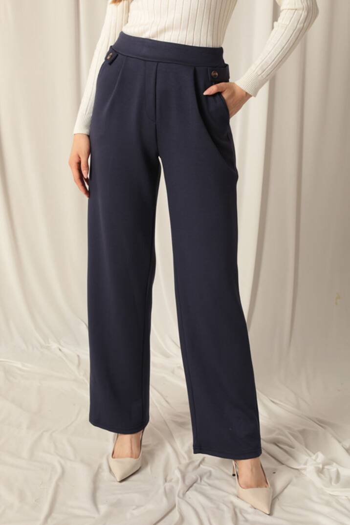 Modal Kumaş Yanları Düğmeli Kadın Lacivert Pantolon - 4