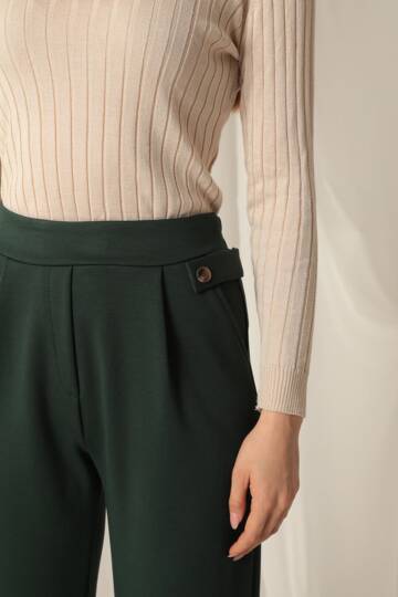Modal Kumaş Yanları Düğmeli Kadın Zümrüt Yeşil Pantolon - 2