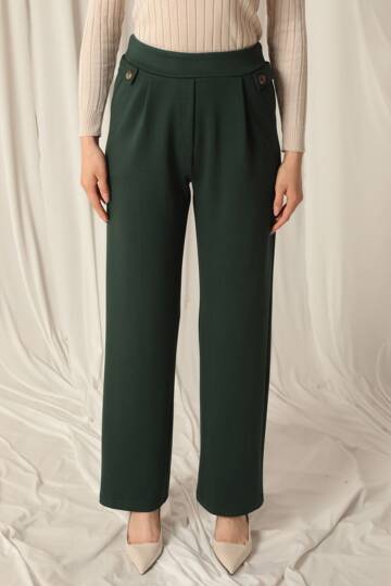 Modal Kumaş Yanları Düğmeli Kadın Zümrüt Yeşil Pantolon - 3