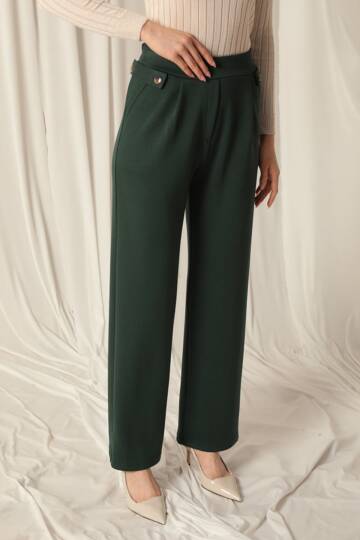 Modal Kumaş Yanları Düğmeli Kadın Zümrüt Yeşil Pantolon - 5