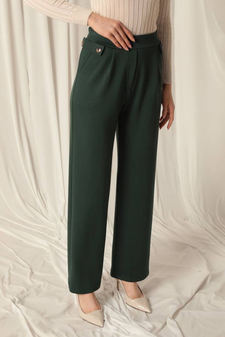Modal Kumaş Yanları Düğmeli Kadın Zümrüt Yeşil Pantolon - 5