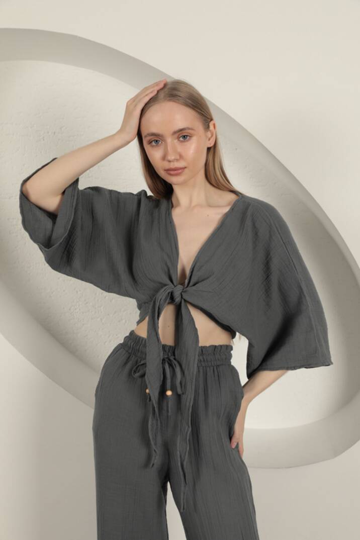 Müslin Kumaş Kimono-Antrasit - 1
