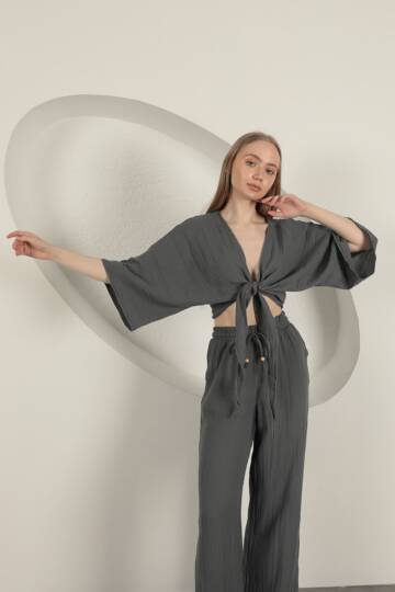 Müslin Kumaş Kimono-Antrasit - 2
