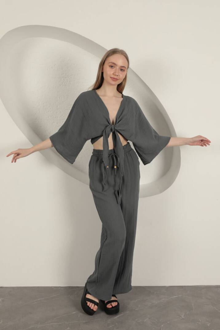 Müslin Kumaş Kimono-Antrasit - 3