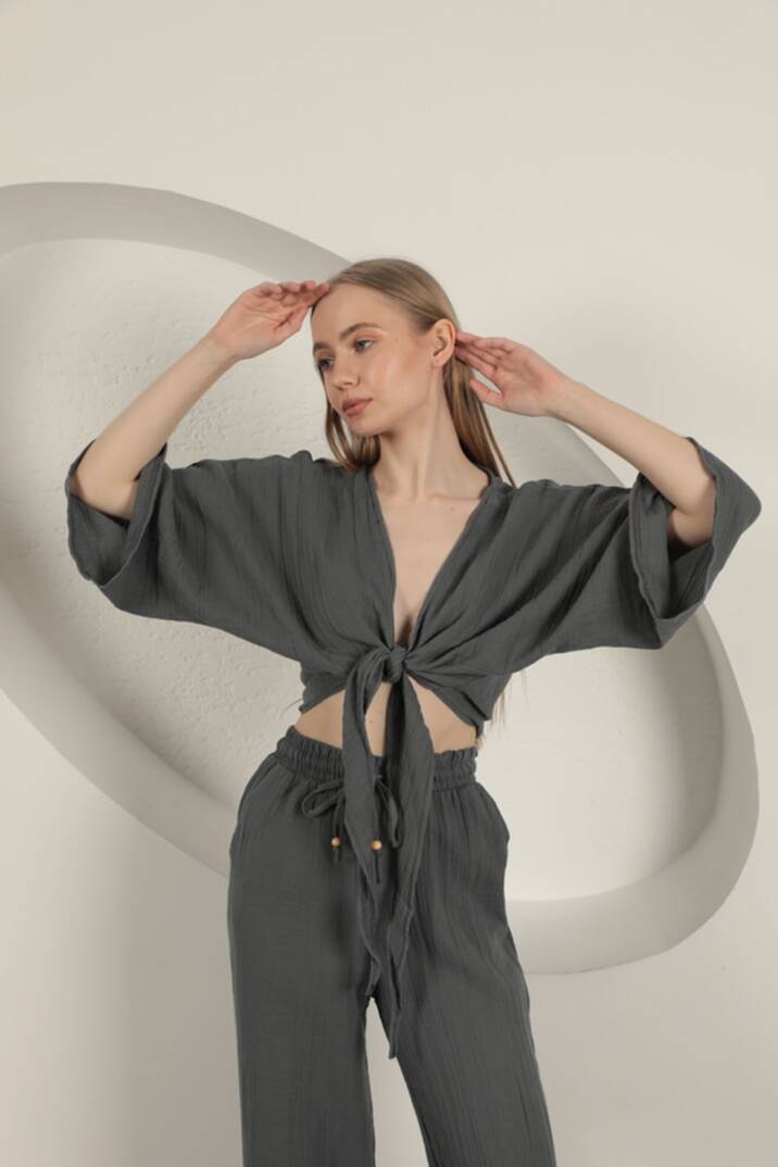 Müslin Kumaş Kimono-Antrasit - 4