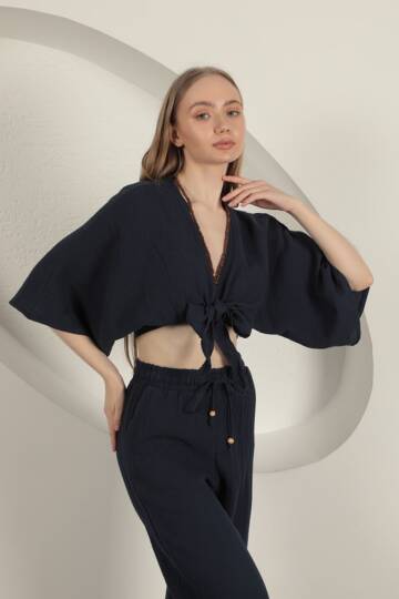 Müslin Kumaş Kimono-Lacivert - 3