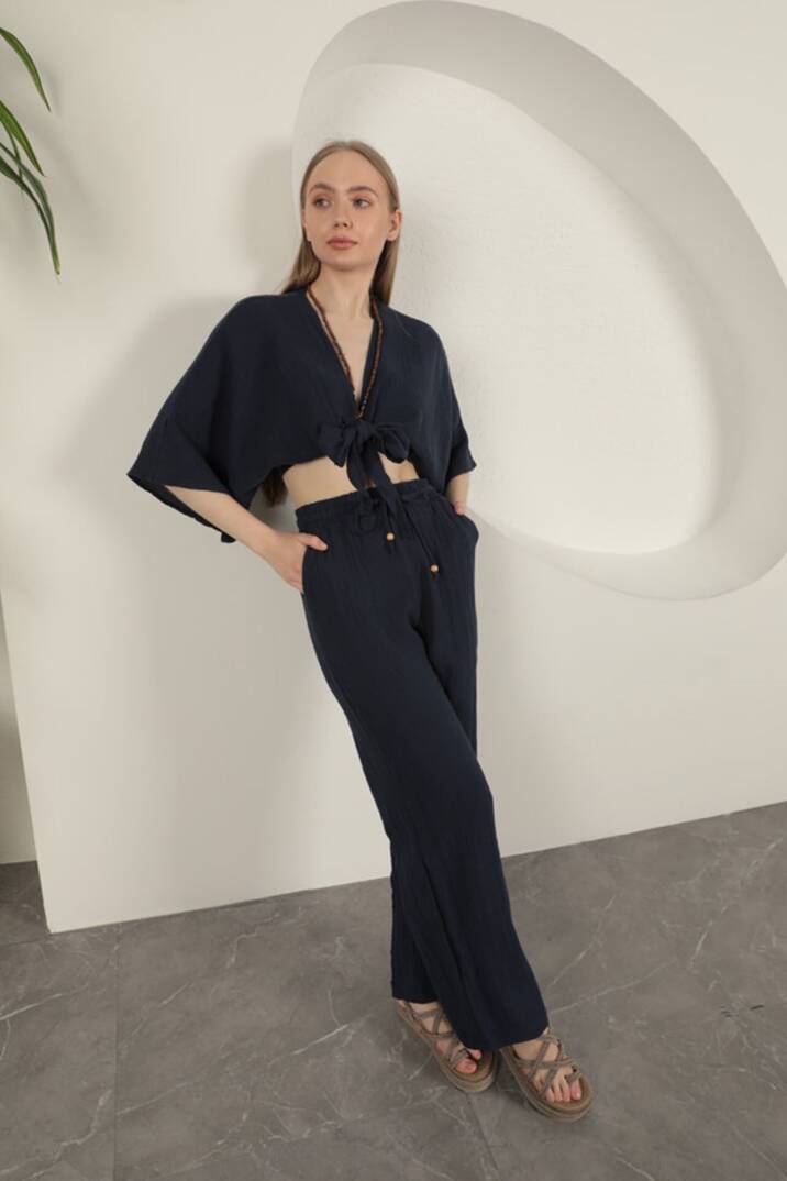 Müslin Kumaş Kimono-Lacivert - 4