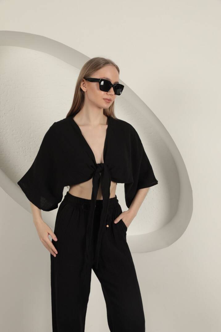 Müslin Kumaş Kimono-Siyah - 1