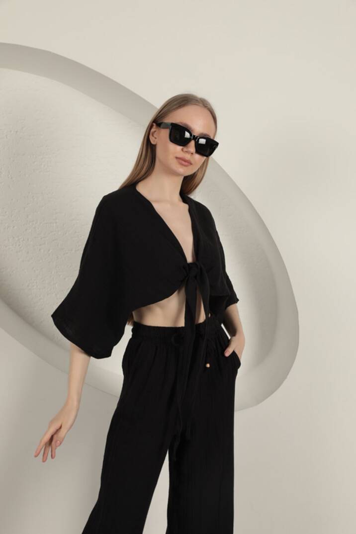 Müslin Kumaş Kimono-Siyah - 2