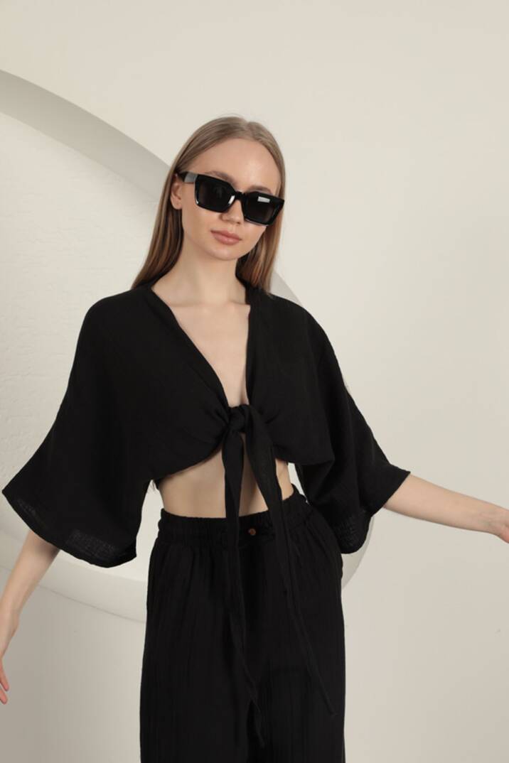 Müslin Kumaş Kimono-Siyah - 4