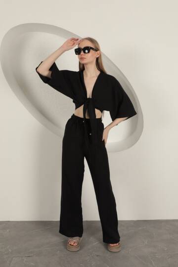 Müslin Kumaş Kimono-Siyah - 5