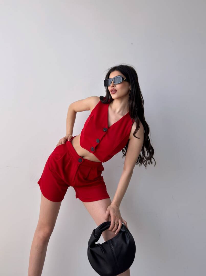 Önü Düğmeli Crop Yelek Ve Şort İkili Takım - 2