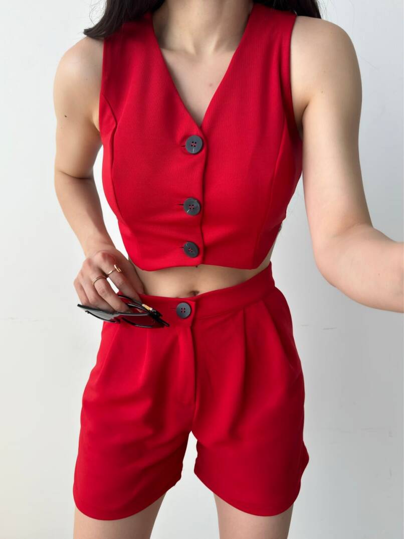 Önü Düğmeli Crop Yelek Ve Şort İkili Takım - 3