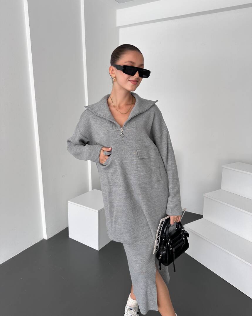 Önü Fermuarlı Kazak Ve Yırtmaç Detaylı Etek Alt Üst Triko Takım - 2