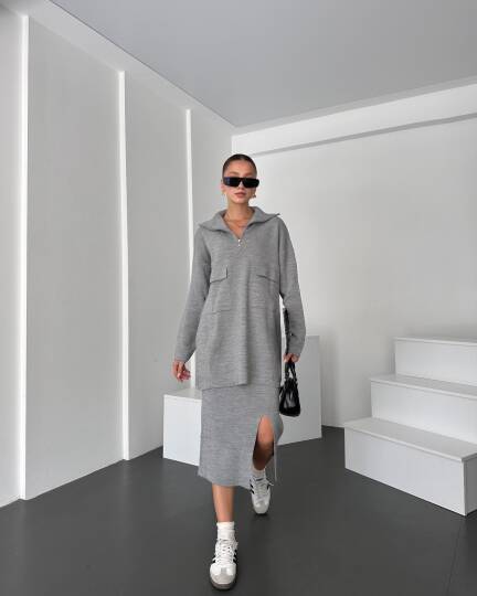 Önü Fermuarlı Kazak Ve Yırtmaç Detaylı Etek Alt Üst Triko Takım - 4