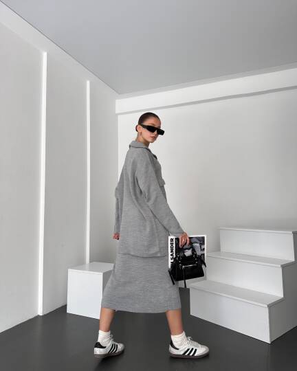 Önü Fermuarlı Kazak Ve Yırtmaç Detaylı Etek Alt Üst Triko Takım - 5