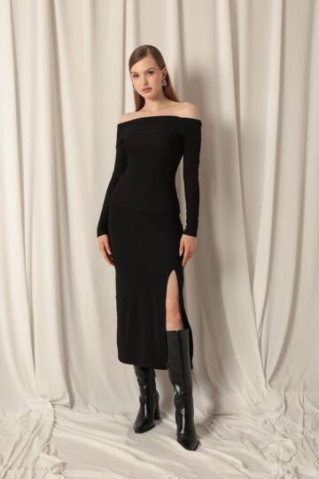 Ottoman Kumaş Yırtmaçlı Kadın Siyah Etek - 2