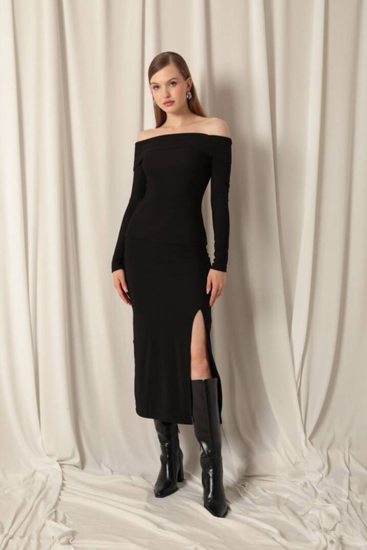 Ottoman Kumaş Yırtmaçlı Kadın Siyah Etek - 2